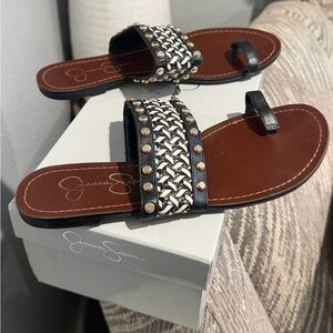Jessica Simpson JP-Geralyn Woven Studded Slide Sandals in Black & White - 8.5